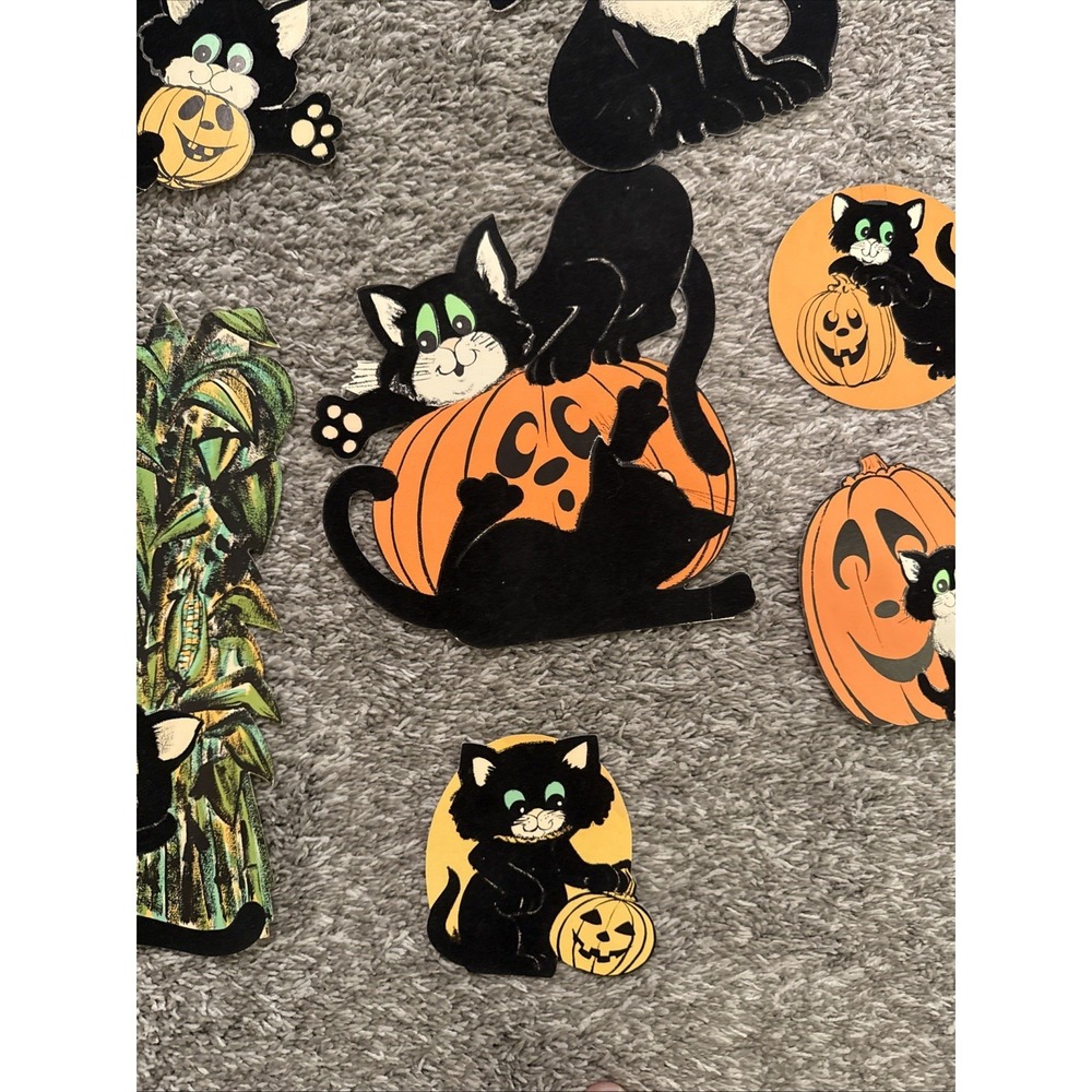 Vintage Die Cut Felt Halloween Decor Green Eyed Black Cat Lot Of 7 - Picture 5 of 11